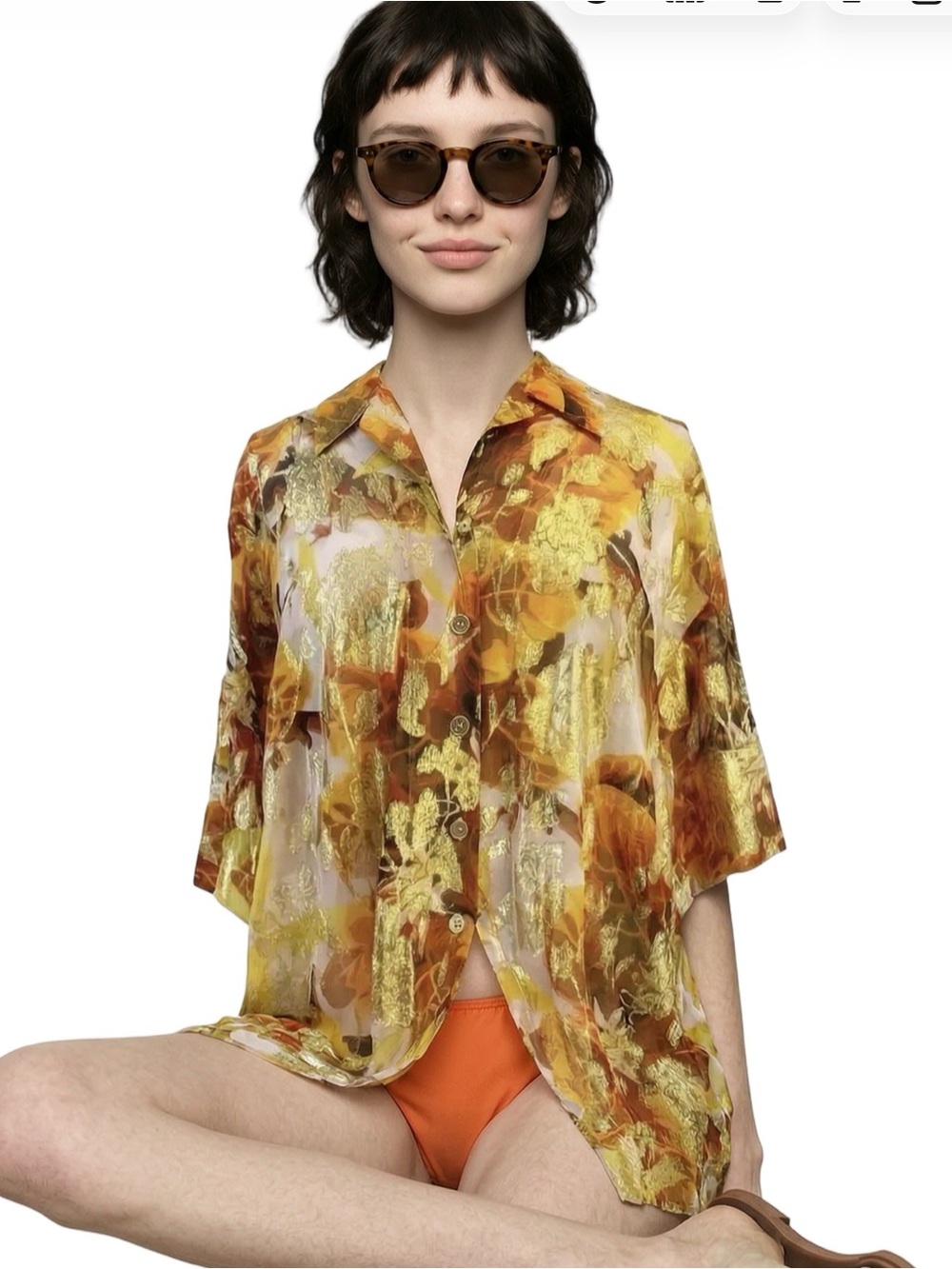 TOPSHOP orange metallic gold sheer short sleeve collared tunic Unique split back - Picture 2 of 14